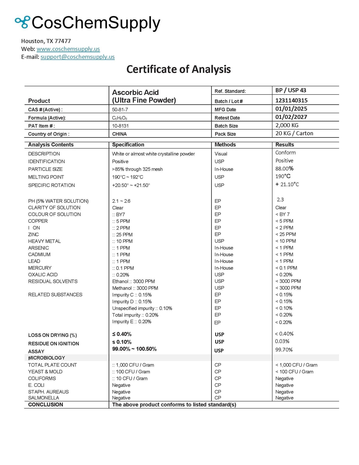 Ascorbic Acid Vitamin C Ultra Fine Micronized